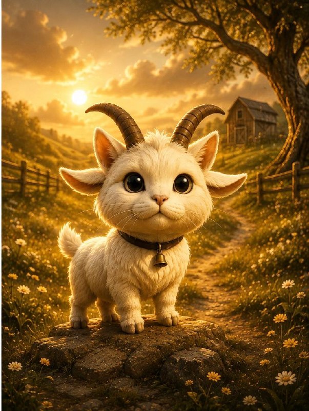 Cat + Goat mascot — a fluffy cat-goat hybrid standing in a golden meadow at sunset